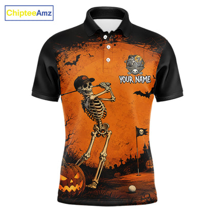 Halloween Men Golf Polo Shirt – Skeleton Golfer Pumpkin Custom Name Golf Shirt, Golf Gifts NHT1422