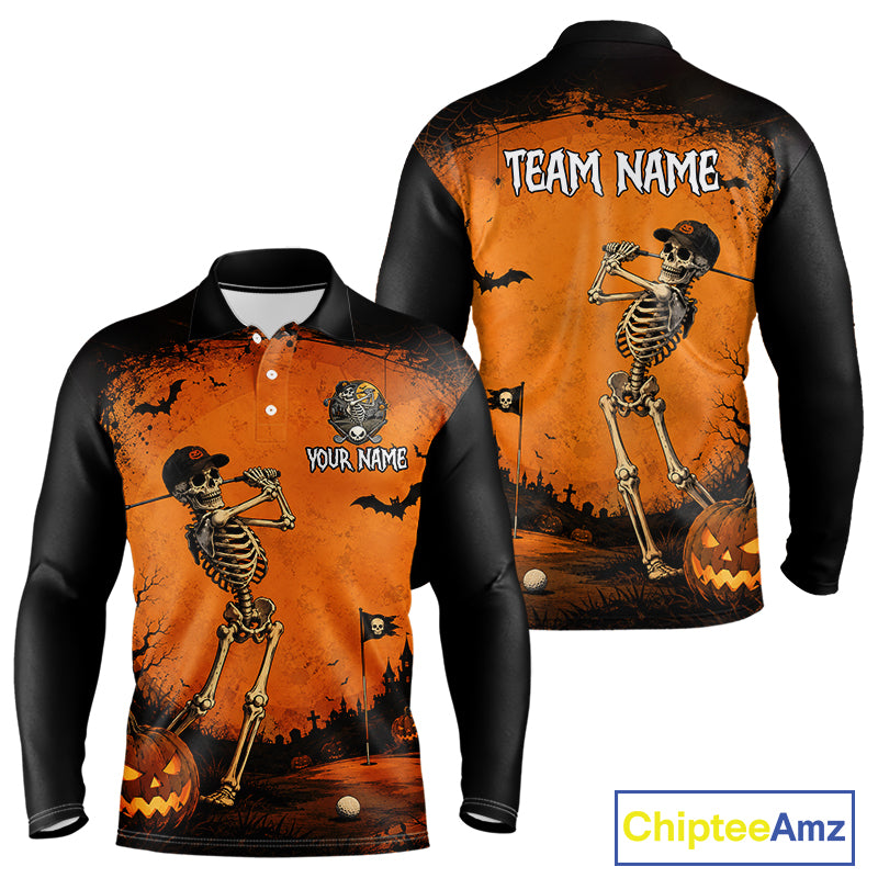 Halloween Men Golf Polo Shirt – Skeleton Golfer Pumpkin Custom Name Golf Shirt, Golf Gifts NHT1422