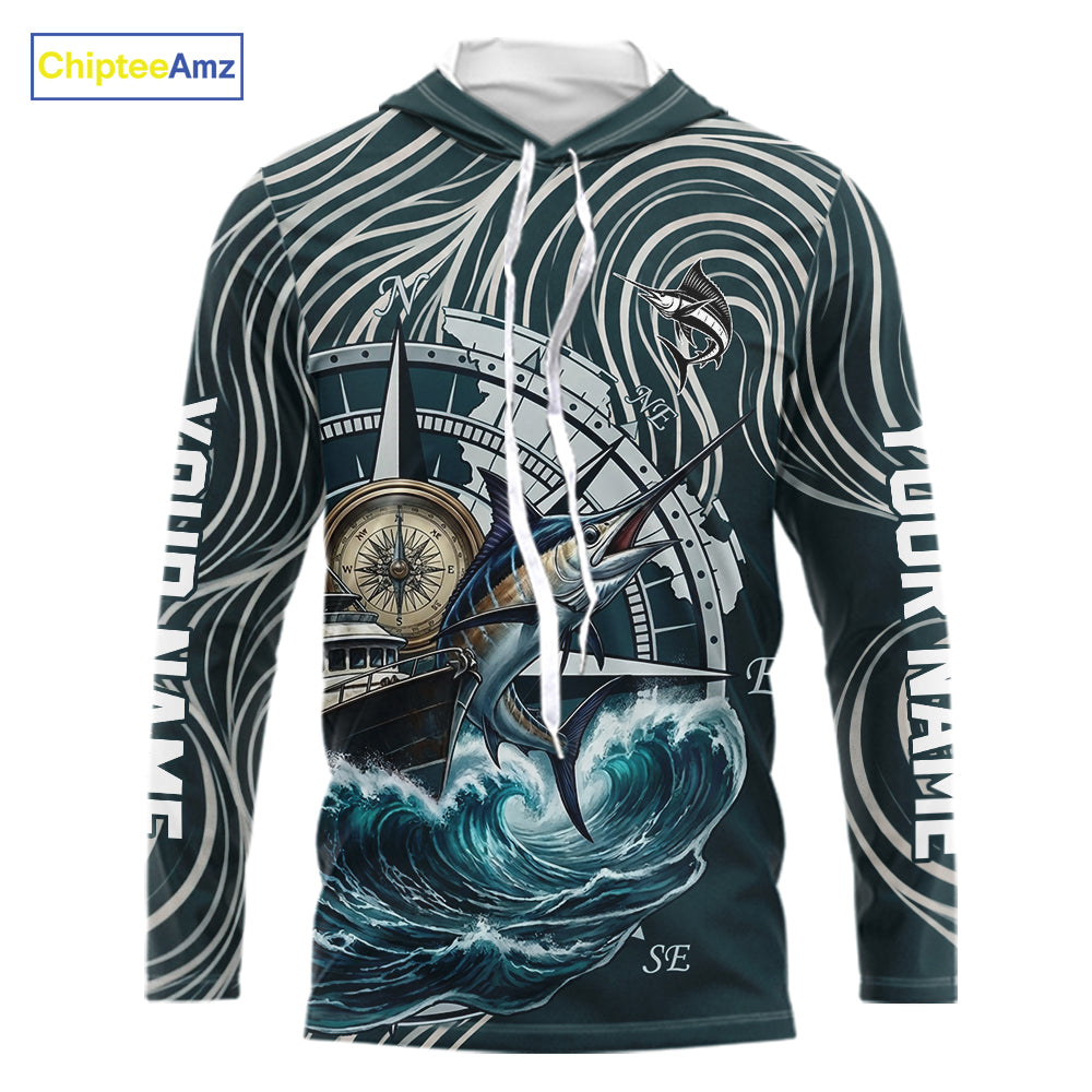 Marlin Fishing Hooded  Long Sleeve Shirt Ocean Wave Compass Design, UV Protection Performance Fishing Apparel NHT613