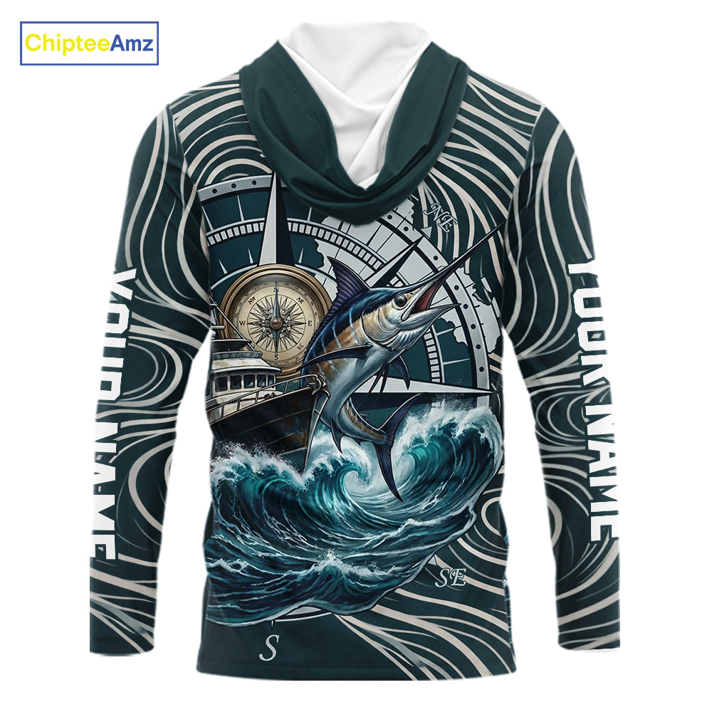 Marlin Fishing Hooded  Long Sleeve Shirt Ocean Wave Compass Design, UV Protection Performance Fishing Apparel NHT613