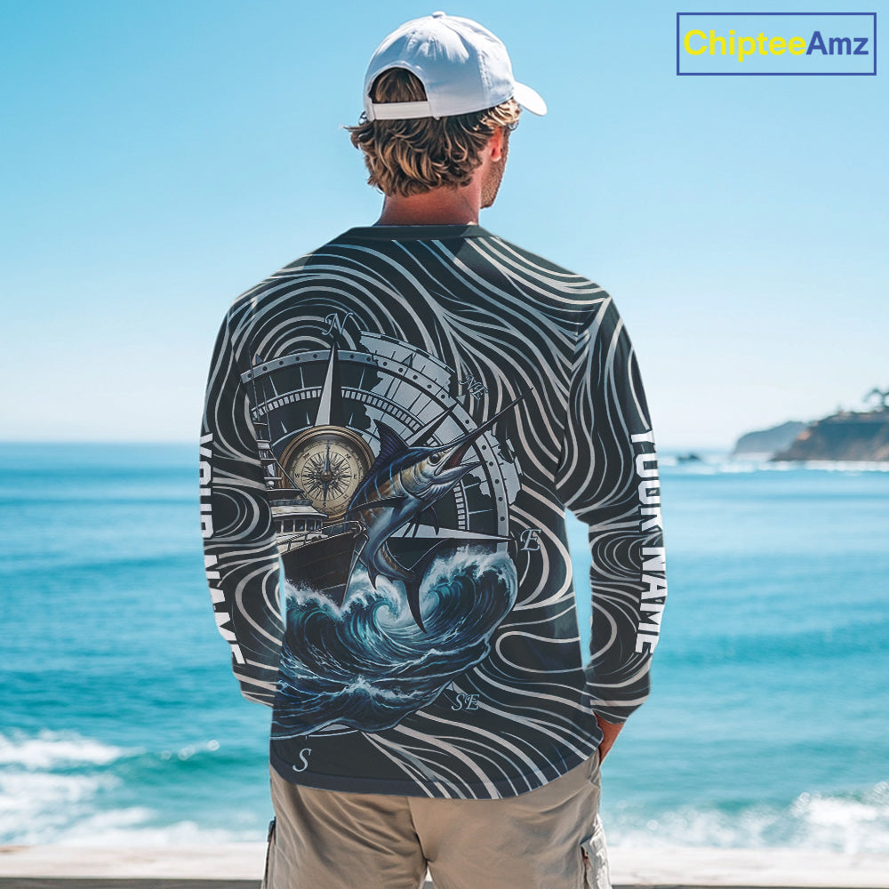 Marlin Fishing Long Sleeve Shirt Ocean Wave Compass Design, UV Protection Performance Fishing Apparel NHT613