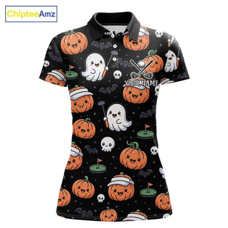A women's short-sleeve polo shirt on a white background, featuring a black base with a Halloween-themed print of smiling pumpkins, ghosts, skulls, and bats. The shirt has a black collar, a button-up front, and a customizable chest area with the text 'YOURNAME'.
