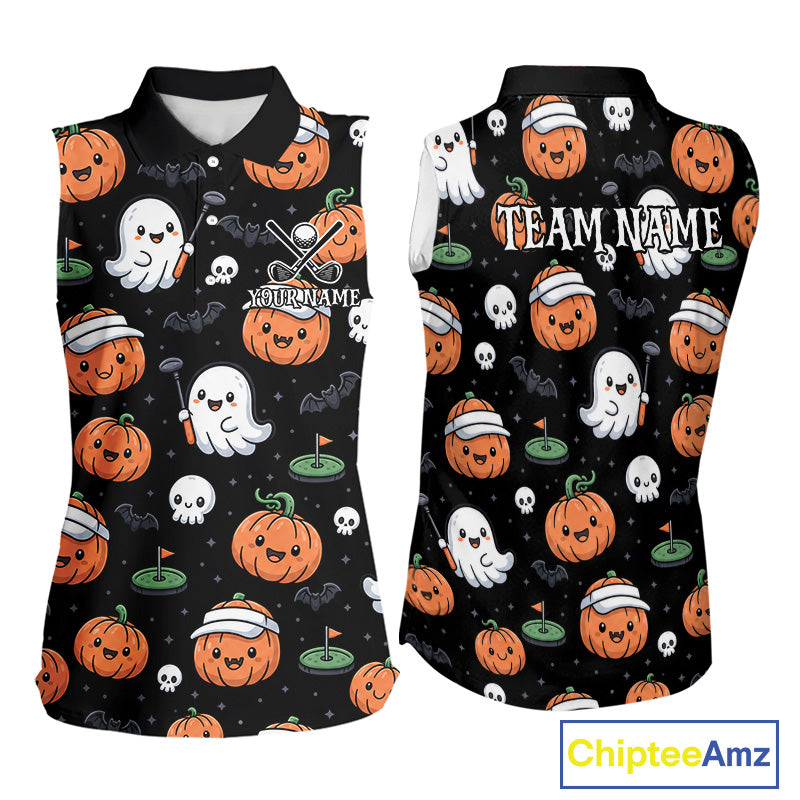 Front and back views of a women's short-sleeve polo shirt with a black base and an all-over Halloween-themed print featuring orange pumpkins, white ghosts, skulls, and small green golf flags. The front has a collar, button placket, and a customizable name graphic, while the back shows a large white 'TEAM NAME' text placeholder.