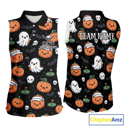 Front and back views of a women's short-sleeve polo shirt with a black base and an all-over Halloween-themed print featuring orange pumpkins, white ghosts, skulls, and small green golf flags. The front has a collar, button placket, and a customizable name graphic, while the back shows a large white 'TEAM NAME' text placeholder.