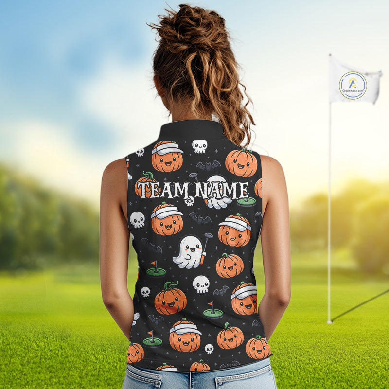 Halloween Pumpkin Ghost Women Sleeveless Golf Polo Shirt Custom Name Personalized Golf Team Jersey NHT1285