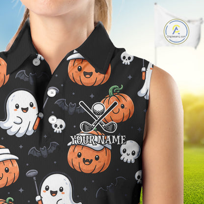 A sleeveless black collared golf shirt with a colorful Halloween print featuring pumpkins, ghosts, bats, and skulls, shown on a model. The shirt has a customizable name printed in white over a crossed golf club and golf ball graphic.
