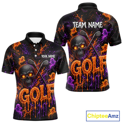 Personalized Halloween Men Golf Shirt, Custom Name Spooky Golf Skull Shirt Apparel Gifts For Golfer NHT1433