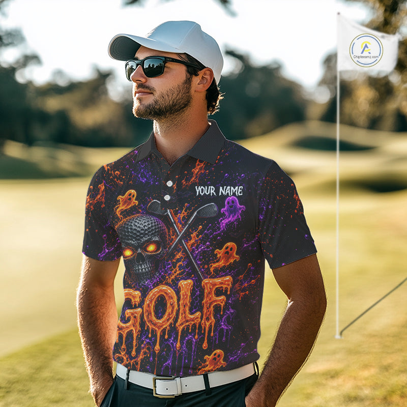 Personalized Halloween Men Golf Shirt, Custom Name Spooky Golf Skull Shirt Apparel Gifts For Golfer NHT1433