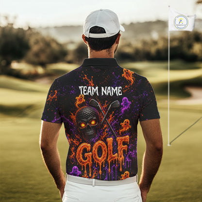 Personalized Halloween Men Golf Shirt, Custom Name Spooky Golf Skull Shirt Apparel Gifts For Golfer NHT1433