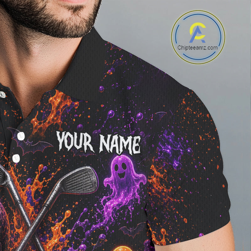 Personalized Halloween Men Golf Shirt, Custom Name Spooky Golf Skull Shirt Apparel Gifts For Golfer NHT1433