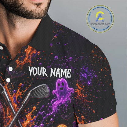 Personalized Halloween Men Golf Shirt, Custom Name Spooky Golf Skull Shirt Apparel Gifts For Golfer NHT1433