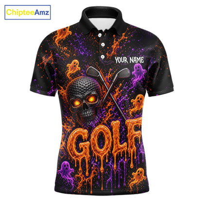 Personalized Halloween Men Golf Shirt, Custom Name Spooky Golf Skull Shirt Apparel Gifts For Golfer NHT1433