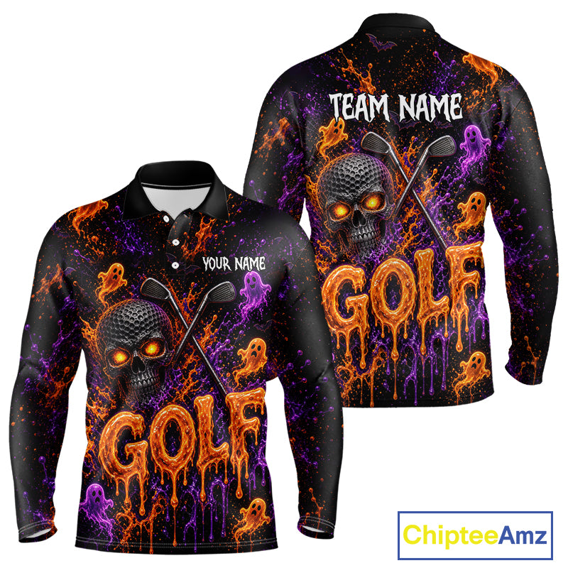 Personalized Halloween Men Golf Shirt, Custom Name Spooky Golf Skull Shirt Apparel Gifts For Golfer NHT1433