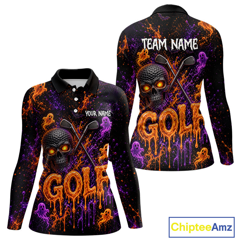Personalized Halloween Women Golf Shirt, Custom Name Spooky Golf Skull Shirt Apparel Gifts For Golfer NHT1433