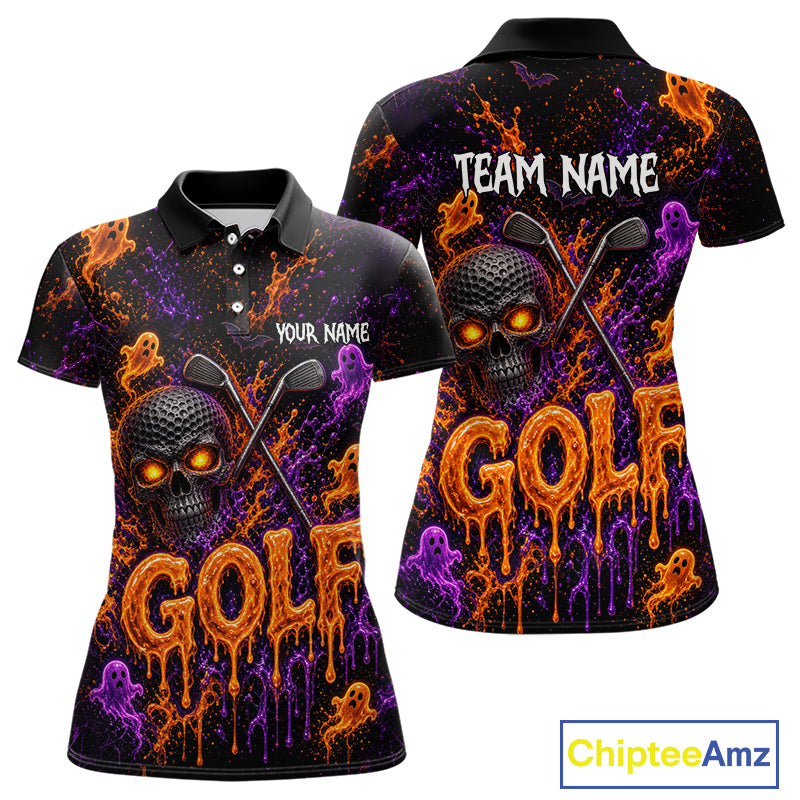 Personalized Halloween Women Golf Shirt, Custom Name Spooky Golf Skull Shirt Apparel Gifts For Golfer NHT1433
