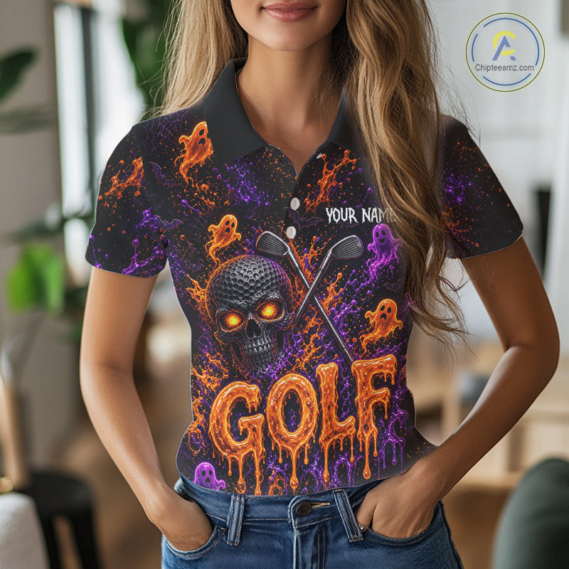 Personalized Halloween Women Golf Shirt, Custom Name Spooky Golf Skull Shirt Apparel Gifts For Golfer NHT1433