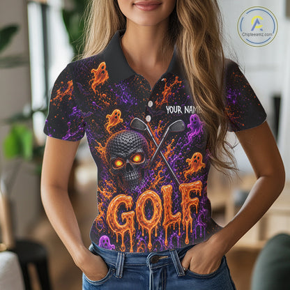 Personalized Halloween Women Golf Shirt, Custom Name Spooky Golf Skull Shirt Apparel Gifts For Golfer NHT1433