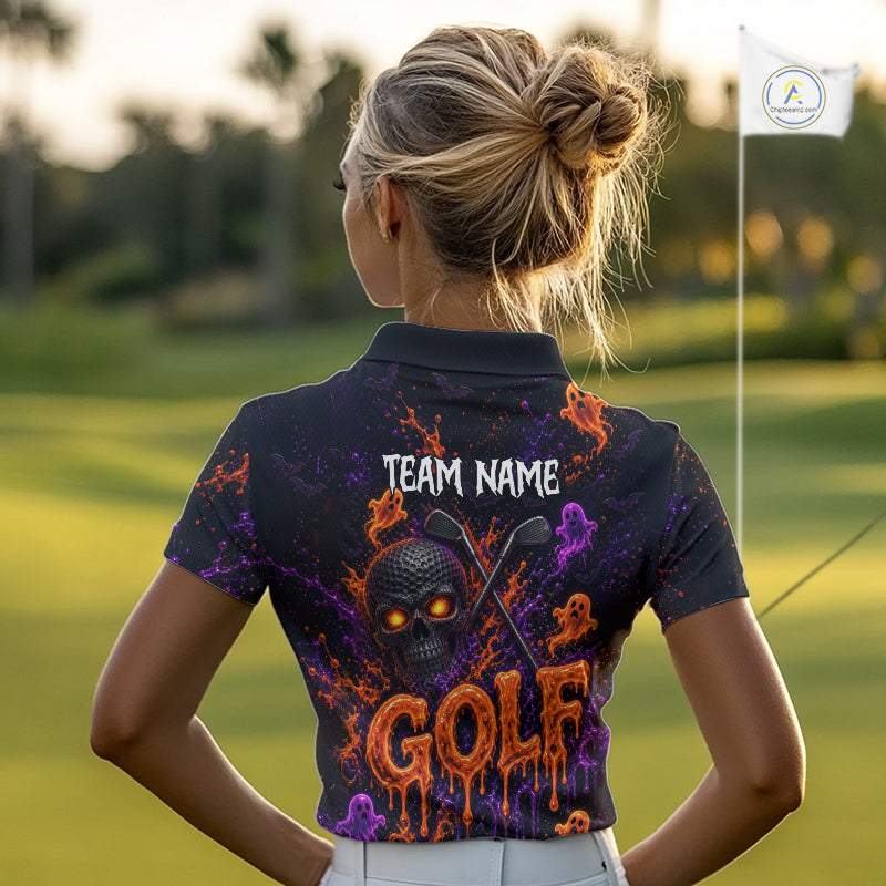 Personalized Halloween Women Golf Shirt, Custom Name Spooky Golf Skull Shirt Apparel Gifts For Golfer NHT1433