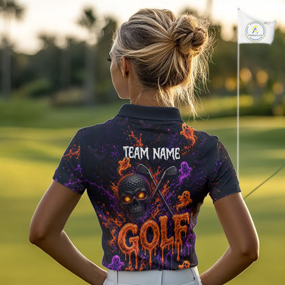 Personalized Halloween Women Golf Shirt, Custom Name Spooky Golf Skull Shirt Apparel Gifts For Golfer NHT1433