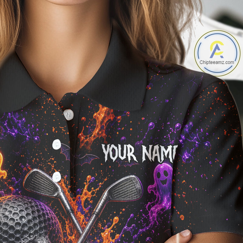 Personalized Halloween Women Golf Shirt, Custom Name Spooky Golf Skull Shirt Apparel Gifts For Golfer NHT1433