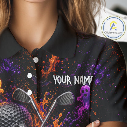 Personalized Halloween Women Golf Shirt, Custom Name Spooky Golf Skull Shirt Apparel Gifts For Golfer NHT1433