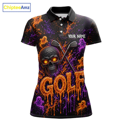 Personalized Halloween Women Golf Shirt, Custom Name Spooky Golf Skull Shirt Apparel Gifts For Golfer NHT1433