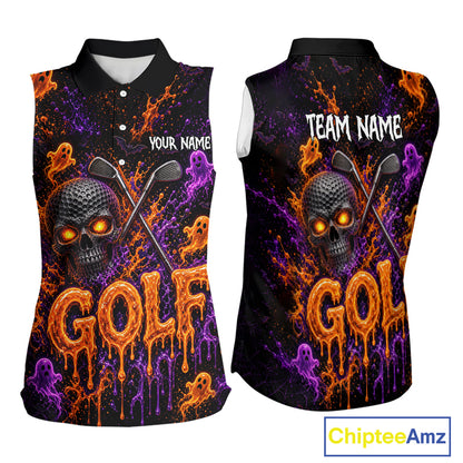 Personalized Halloween Women Sleeveless Golf Shirt, Custom Name Spooky Golf Skull Shirt Apparel Gifts For Golfer NHT1433