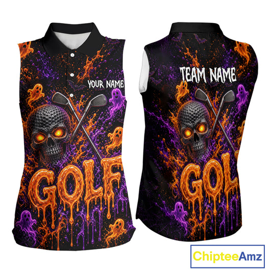 Personalized Halloween Women Sleeveless Golf Shirt, Custom Name Spooky Golf Skull Shirt Apparel Gifts For Golfer NHT1433