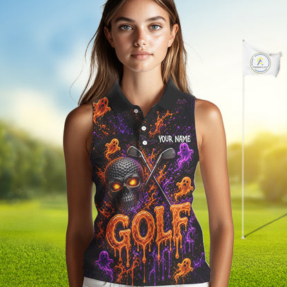 Personalized Halloween Women Sleeveless Golf Shirt, Custom Name Spooky Golf Skull Shirt Apparel Gifts For Golfer NHT1433