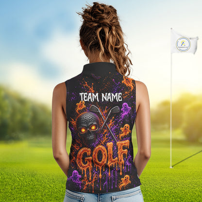 Personalized Halloween Women Sleeveless Golf Shirt, Custom Name Spooky Golf Skull Shirt Apparel Gifts For Golfer NHT1433