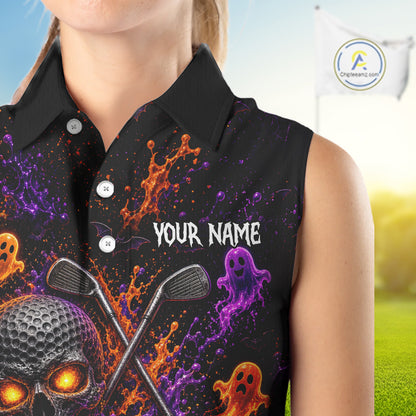 Personalized Halloween Women Sleeveless Golf Shirt, Custom Name Spooky Golf Skull Shirt Apparel Gifts For Golfer NHT1433