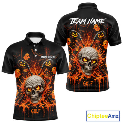 Personalized Spooky Halloween Men Golf Polo Shirt, Orange Pumpkin Skull Dripping Slime Apparel NHT1436