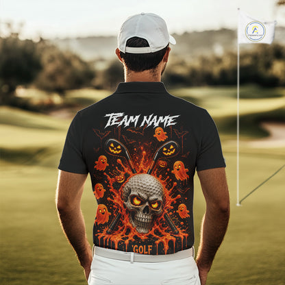 Personalized Spooky Halloween Men Golf Polo Shirt, Orange Pumpkin Skull Dripping Slime Apparel NHT1436