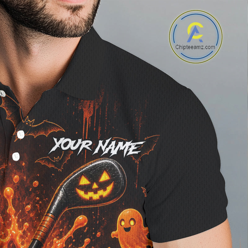 Personalized Spooky Halloween Men Golf Polo Shirt, Orange Pumpkin Skull Dripping Slime Apparel NHT1436