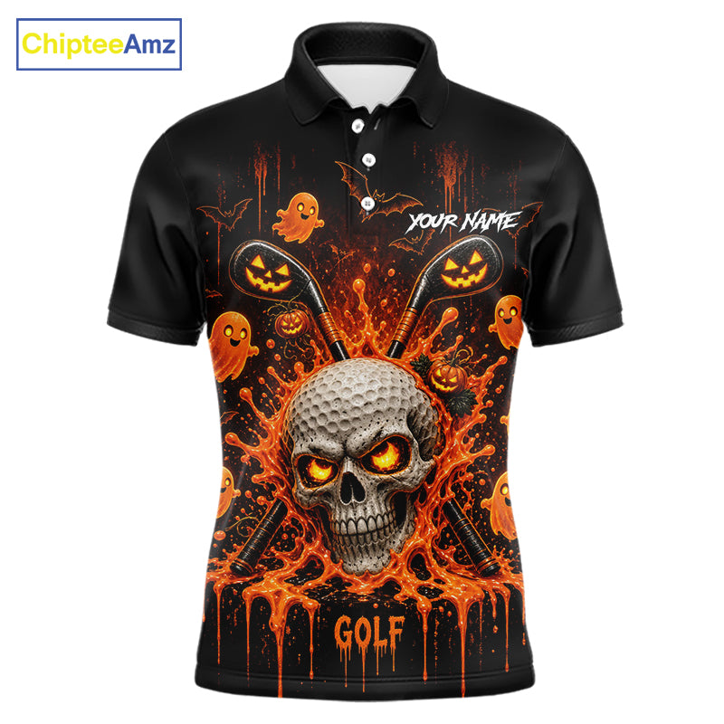 Personalized Spooky Halloween Men Golf Polo Shirt, Orange Pumpkin Skull Dripping Slime Apparel NHT1436