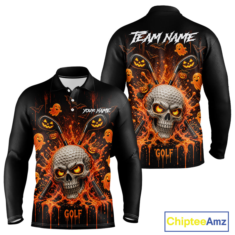 Personalized Spooky Halloween Men Golf Polo Shirt, Orange Pumpkin Skull Dripping Slime Apparel NHT1436