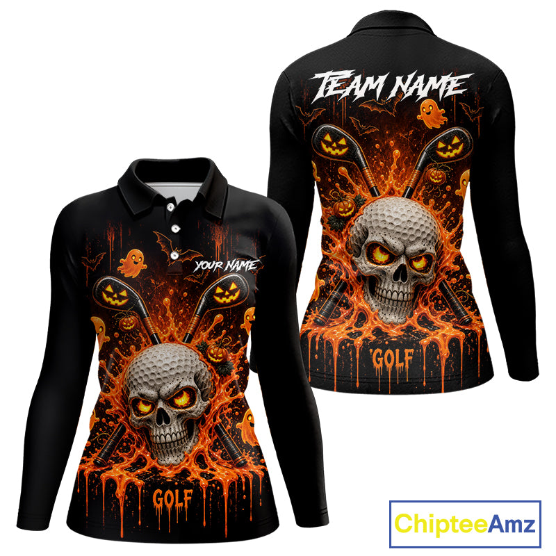 Personalized Spooky Halloween Women Golf Polo Shirt, Orange Pumpkin Skull Dripping Slime Apparel NHT1436