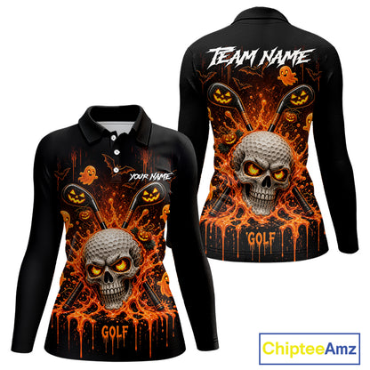 Personalized Spooky Halloween Women Golf Polo Shirt, Orange Pumpkin Skull Dripping Slime Apparel NHT1436