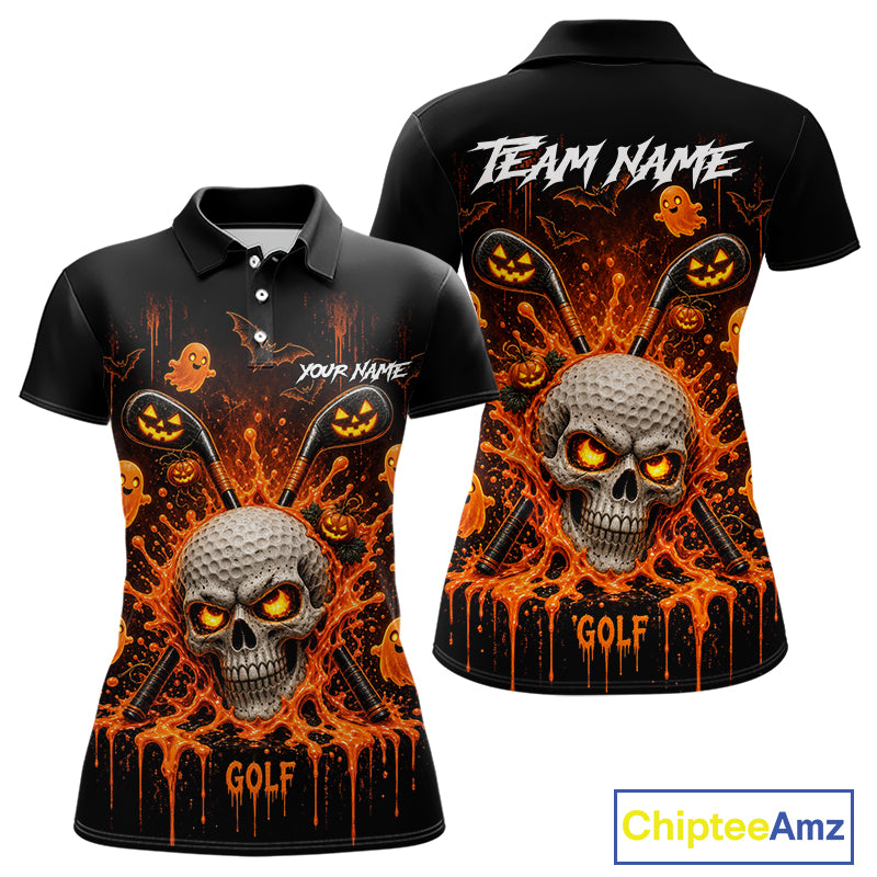 Personalized Spooky Halloween Women Golf Polo Shirt, Orange Pumpkin Skull Dripping Slime Apparel NHT1436