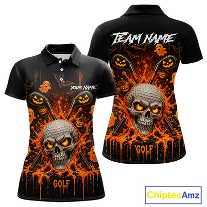 Personalized Spooky Halloween Women Golf Polo Shirt, Orange Pumpkin Skull Dripping Slime Apparel NHT1436