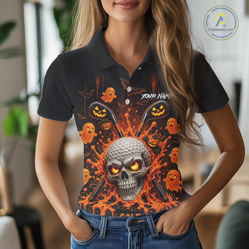 Personalized Spooky Halloween Women Golf Polo Shirt, Orange Pumpkin Skull Dripping Slime Apparel NHT1436