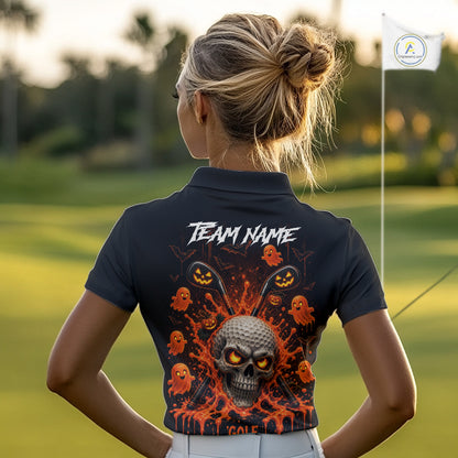 Personalized Spooky Halloween Women Golf Polo Shirt, Orange Pumpkin Skull Dripping Slime Apparel NHT1436