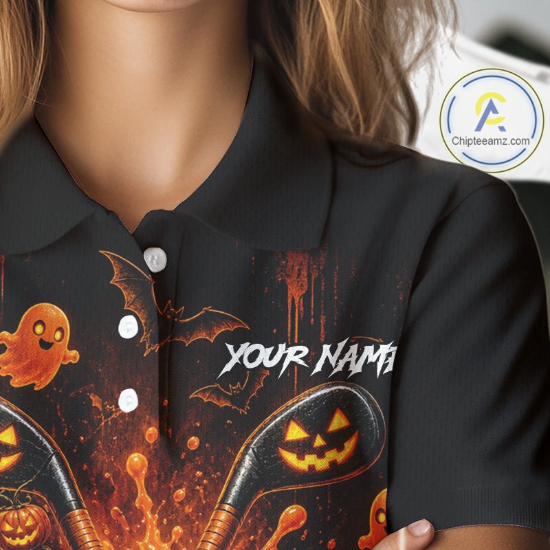 Personalized Spooky Halloween Women Golf Polo Shirt, Orange Pumpkin Skull Dripping Slime Apparel NHT1436