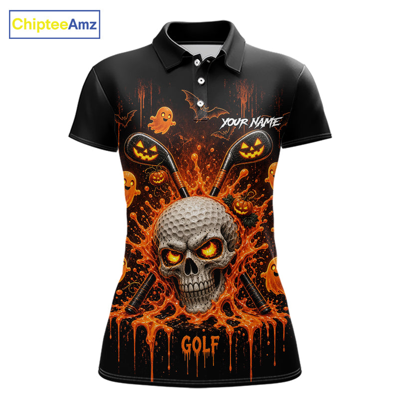 Personalized Spooky Halloween Women Golf Polo Shirt, Orange Pumpkin Skull Dripping Slime Apparel NHT1436