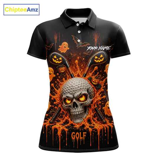 Personalized Spooky Halloween Women Golf Polo Shirt, Orange Pumpkin Skull Dripping Slime Apparel NHT1436
