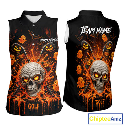 Personalized Spooky Halloween Women Sleeveless Golf Polo Shirt, Orange Pumpkin Skull Dripping Slime Apparel NHT1436