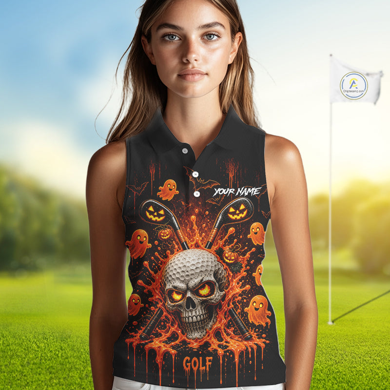 Personalized Spooky Halloween Women Sleeveless Golf Polo Shirt, Orange Pumpkin Skull Dripping Slime Apparel NHT1436
