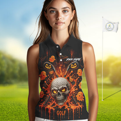 Personalized Spooky Halloween Women Sleeveless Golf Polo Shirt, Orange Pumpkin Skull Dripping Slime Apparel NHT1436