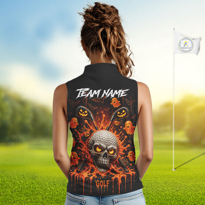 Personalized Spooky Halloween Women Sleeveless Golf Polo Shirt, Orange Pumpkin Skull Dripping Slime Apparel NHT1436