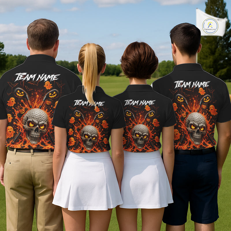 Personalized Spooky Halloween Men Golf Polo Shirt, Orange Pumpkin Skull Dripping Slime Apparel NHT1436